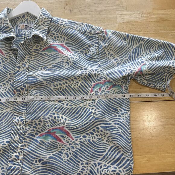 Reyn Spooner Buttoned Shirt Blue Reverse Print Hawaiian Waves Dolphins USA XL - Picture 7 of 9